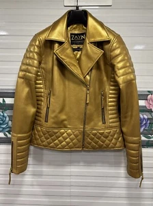 Women's Gold Metallic Color Motorcycle Jacket Real Leather Quilted Biker Jacket - Picture 1 of 15