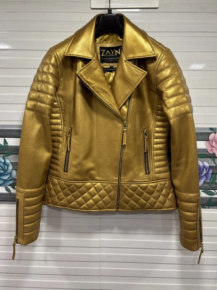 Женская золотистая металлическая цветная мотоциклетная куртка из натуральной кожи стеганая байкерская куртка - Изображение 1 из 4