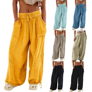 Womens Loose Cotton Linen Pants Trousers Elastic Waist Wide Leg Casual Bottoms⚝ - Picture 1 of 32