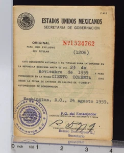 VTG 1959 180 Day Visitor Vacation Pass into Mexican Republic READ - Imagen 1 de 5