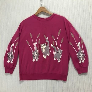 Vintage Cat Sweatshirt Crewneck Pullover Novelty Graphic Print Made in USA - Picture 1 of 6