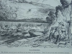 FLY FISHING Making Flies on the bank of the Stream Original 1854 Victorian Print - Picture 1 of 2
