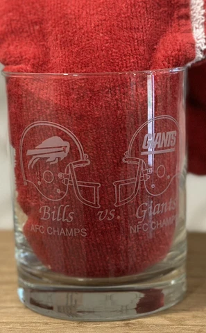 VTG Super Bowl XXV 25 Bourbon Rocks Glass Buffalo Bills NY Giants Etched MINT Cover