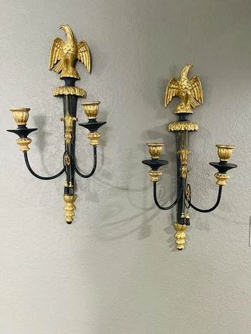 PAIR OF EAGLE CARVED REGENCY EMPIRE GILT WOOD TWIN CANDLE  WALL SCONCES  Rare Cover