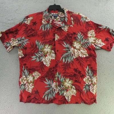 Lands End Shirt Mens XL 17.5 Red Green Floral Hawaiian Short Sleeve Rayon - Image 1 of 4