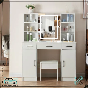 White Dressing Table Stool Vanity Set W/ LED Lighted Mirror Bedroom Dresser Wood - Picture 1 of 12