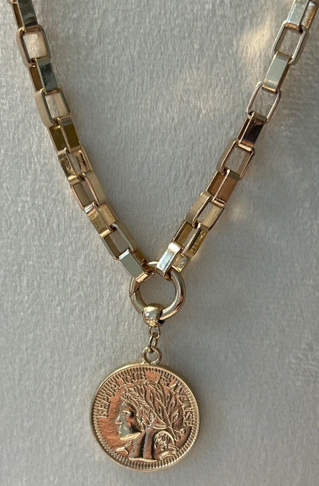 "Collar de moneda reversible Ettika chapado en oro de 18 quilates cadena clip de latón 20""" Foto 1 de 4