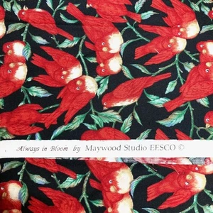 Flock of Red Birds with black background 100% Cotton 1.5 yards "Always in Bloom" - Picture 1 of 3