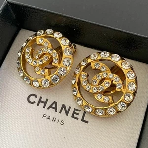 CHANEL Earrings Circle Coco Mark Bijou Rhinestones GP Gold - Picture 1 of 5