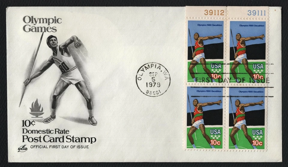 #1790 10c Decathlon-Block of 4, Art Craft FDC **ANY 5=FREE SHIPPING** - Image 1 of 1