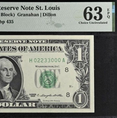 1963 $1 Federal Reserve Note PMG 63EPQ wanted fancy serial number 02233000 - Image 1 of 3
