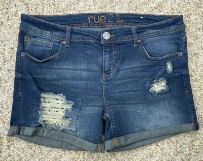 Shorts jeans stretch cintura média Rue 21 Juniors desgastado tamanho 11/12 (cintura 34") - Imagem 1 de 4