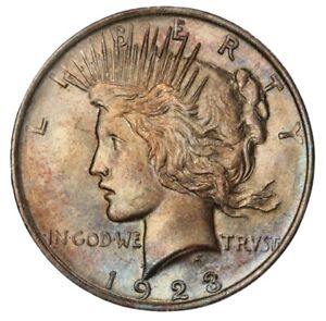 Rainbow Toned 1923 $1 Peace Silver Dollar MS63 • PCGS Gold Shield + TrueView