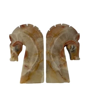 Pair VTG MCM Alabaster Hand Carved Horse Head Bookends No Base - Picture 1 of 9