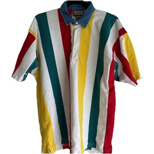Ruff Hewn Polo Shirt Size Large Vertical Striped Denim Collar 90s Vintage Rugby - Picture 1 of 13