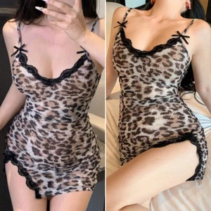 Leopard Silk Lace Slit Hem Sexy Nightgown Womens Slim Dress Nightwear Sleepwear - Picture 1 of 79