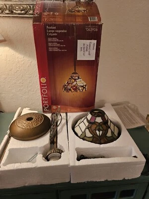 Portafolio Antiguo Bronce Mini-Colgante Luz #065906 con Vidrio Estilo Tiffany 8"x12" Foto 1 de 4