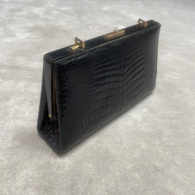 Sac à main  Vintage en véritable crocodile noir et laiton - Photo 1/4