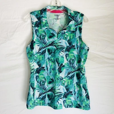 Tommy Bahama Sleeveless Polo Shirt Womens Large Blue Green Leaf Print Activewear - Image 1 of 4