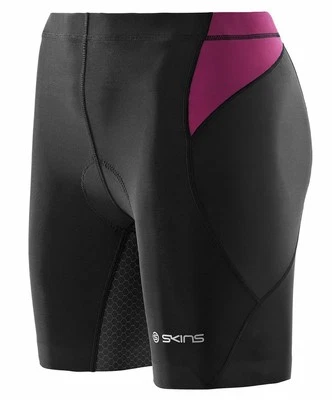 Pantalones cortos de ciclismo Skins TRI 400 para mujer, negros/orquídeas, pequeños Foto 1 de 4