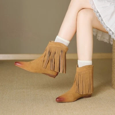 2025 осень/зима новый кисточки ботильоны женщин острый носок замшевые ковбойские сапоги - Изображение 1 из 4