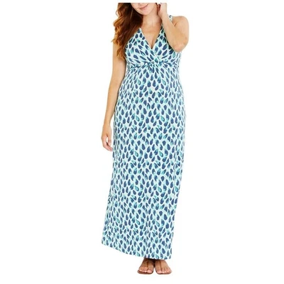 Motherhood Maternity Maxi Dress M Blue Green Print Sleeveless Wrap V-Neck Soft - Image 1 of 4