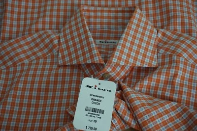 Camisa social Kiton laranja xadrez gola espalhada 100% algodão tamanho 39 15.5 NOVA COM ETIQUETA - Imagem 1 de 4