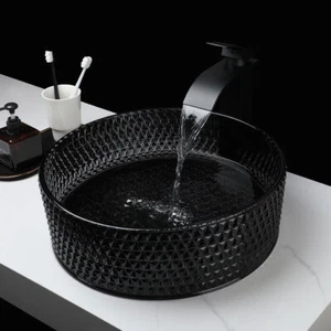 Bathroom Black Round Tempered Glass Basin Set Vessel Vanity Sink Bowl Faucet - Picture 1 of 9