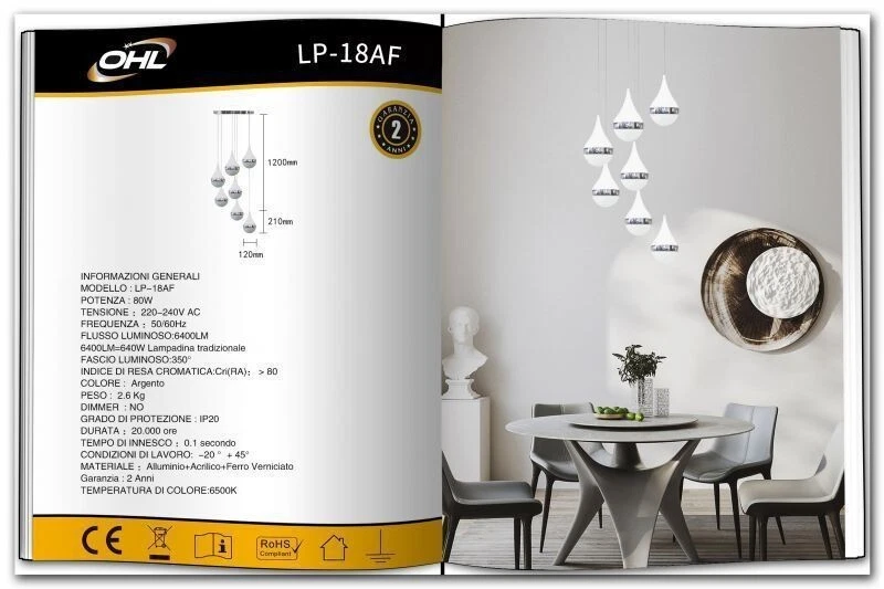 x Lampadario Sospensione Design OHL LP-18AF 80W 6400LM 6500K Argento 9 Luc - Immagine 1 di 1