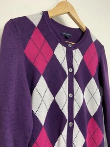 Tommy Hilfiger Sweater Women Large Ladies Plum Pink Gray Cardigan Argyle - Picture 1 of 10