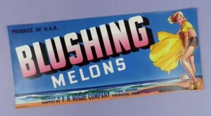 Etiqueta de caja de melones ruborizantes de la década de 1940 - Pin Up - stock original sin usar - Imagen 1 de 1