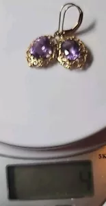 Earrings Dangle Lavender Purple Gem On Ornate 14k Gold Frame. 4 Grams - Picture 1 of 5