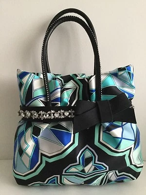 BOLSO LAZO NUEVO SIN ETIQUETAS EMILIO PUCCI PEQUEÑO AZUL ESTAMPADO CRISTAL SATINADO ADORNADO Foto 1 de 4