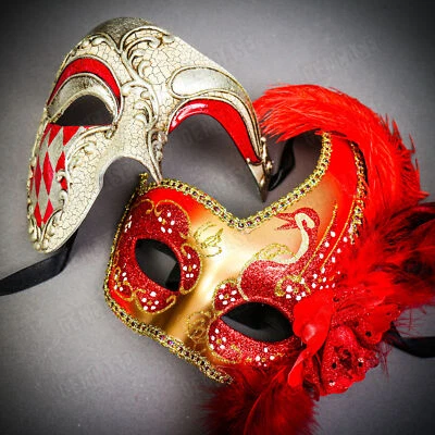 Silver Venetian Phantom Half Face w/ Gold RED Side Feather Men Women Couple Mask - Image 1 of 4