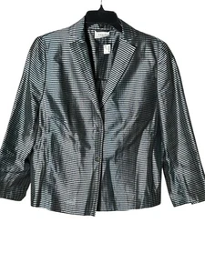 Akris Punto Luxury Blazer Sz 14 Silk Silver Blue Stripe 3/4 Sleeve Jacket #C11-8 - Picture 1 of 10