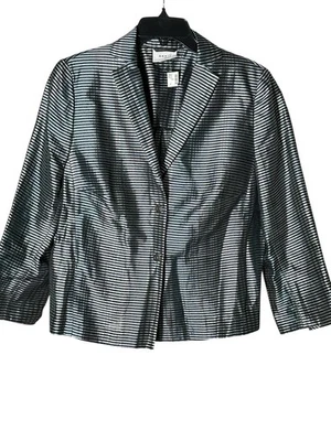 Akris Punto Luxury Blazer Sz 14 Silk Silver Blue Stripe 3/4 Sleeve Jacket #C11-8 - Image 1 of 4