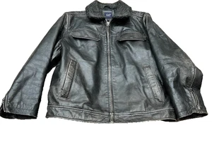 Vtg Gap Mens Cow Leather Jacket Fleece Collared Zip Up Quilted Lined Black Sz M - Picture 1 of 15