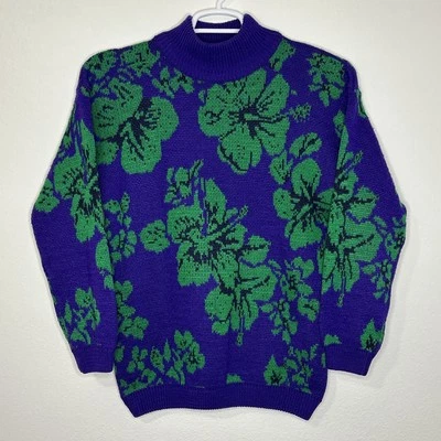 Vtg Esprit Purple Floral Knit Pullover Sweater Womens Large Knit 80s - Image 1 of 4