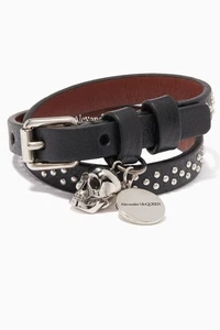 ALEXANDER MCQUEEN black double wrap studded leather bracelet One Size authentic - Picture 1 of 12