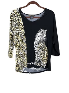 Valentina Panther Print 3/4 Sleeve Embellished Top Size Large - Picture 1 of 5