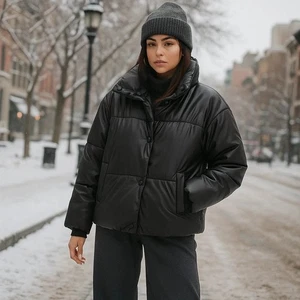NVLT Anthro Black Faux Leather Winter Puffer Coat Small Streetwear Minimalist - Picture 1 of 12