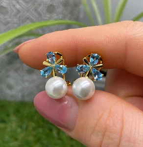 Pendientes con Topacio Azul Cielo y Madreperla Gemas Naturales, Plata 925 - Imagen 1 de 3