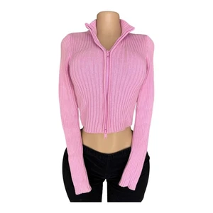 Brandy Melville Pink Ribbed Cropped Zip-Up Sweater For Women - Long Sleeve Mock - Picture 1 of 7