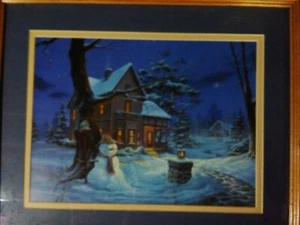Humphries Print In 22x19 Frame Snowman Houae Winter Night  - Picture 1 of 7