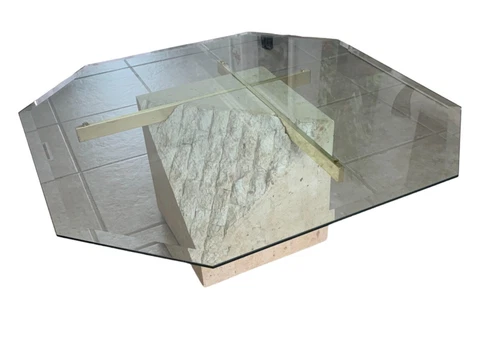 Postmodern Tesselated Mactan Stone and Brass Coffee Table With Glass Top Cover