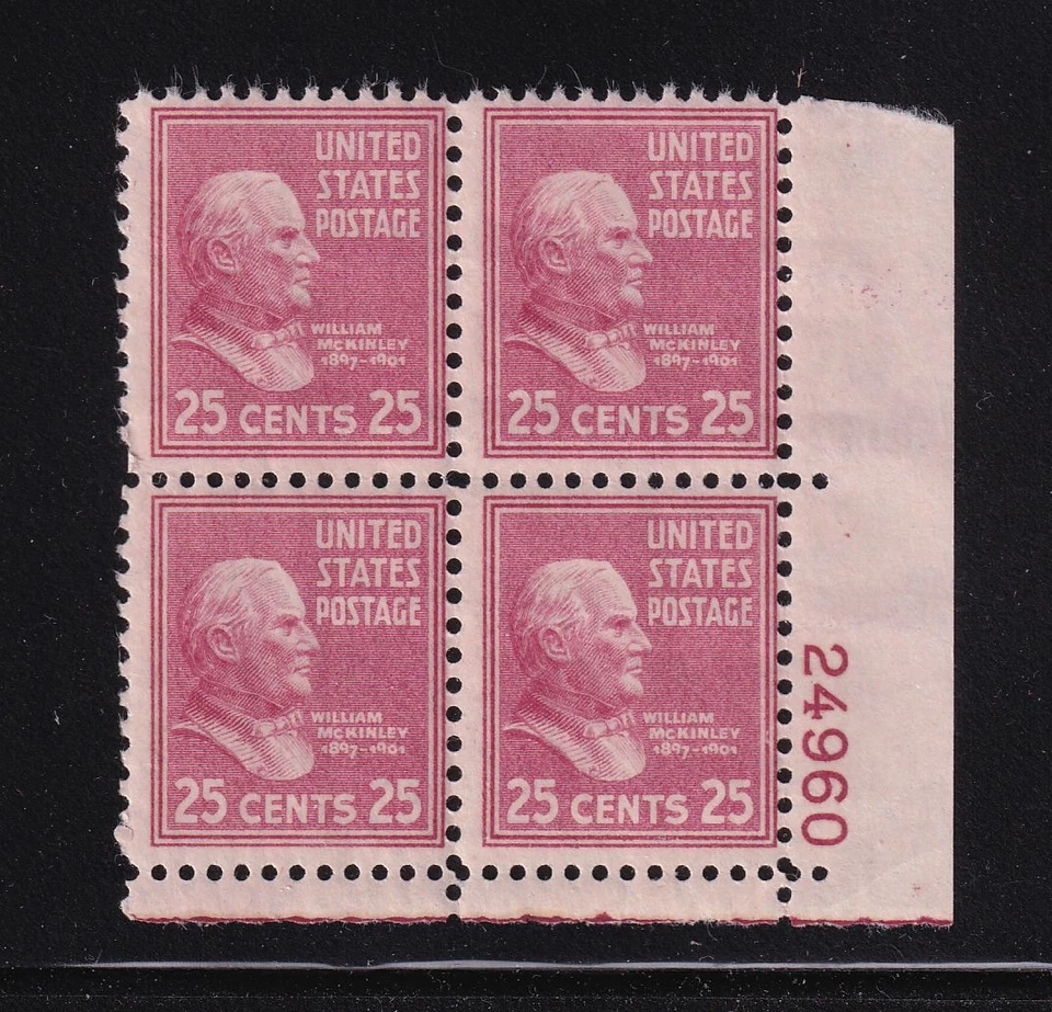 1938 PREXY William McKinley 25c Sc 829 MNH plate block OF 4 (DM - Image 1 of 1