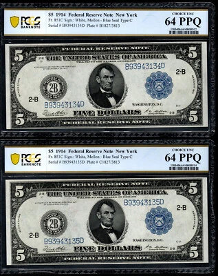 2 1914 $ 5.00 DOLLAR FEDERAL RESERVE NOTE FR#851c WHITE/MELLON PCGS 64 PPQ (IJJ) - Image 1 of 4