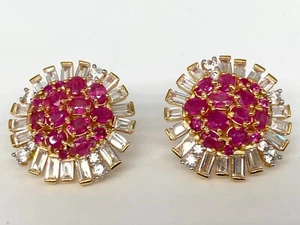 Meher's Jewelry Genuine Ruby & White Topaz Baguette Yellow Vermeil Stud Earrings - Picture 1 of 3
