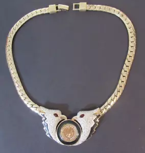 Vintage Signed Panetta Gold Tone Enamel Rhinestone Coin Choker Chain Necklace - Picture 1 of 11