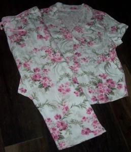 NWT Karen Neuburger IVORY/PINK FLORAL VINES Jersey Pajama/Lounge Set 1X POCKETS - Picture 1 of 4